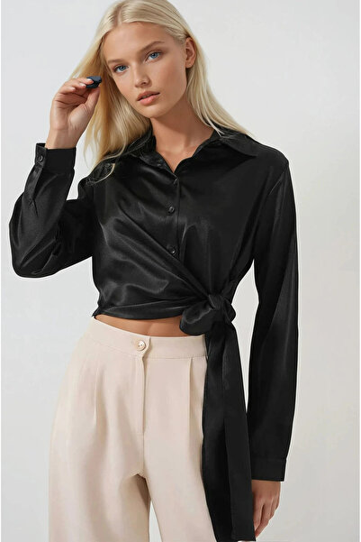 hazelin Women's Black Satin Surface Shirt with Binding Detail Hzl25S-Bd1202871