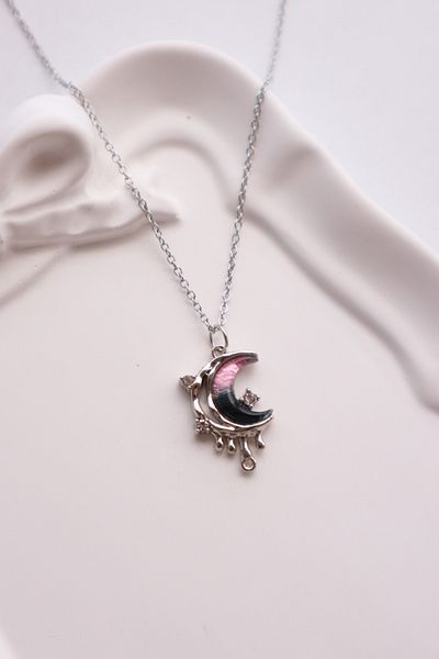 EFBUTİK Silver Color Chain with Pink Black Mini Stone Detailed Imported Necklace