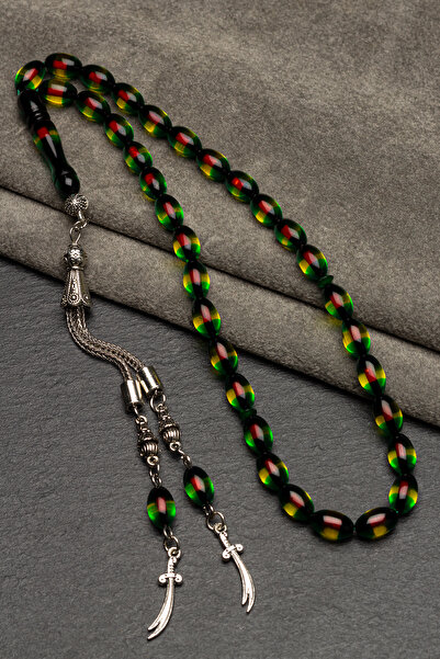 OTTOTESBİH Men's 7X11Mm Zulfiqar Sword Design Green Yellow Red Vernier Powder Amber Rosary