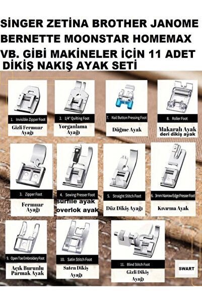 Swart 11 Parça Ev Tipi Aile Dikiş Makinesi Ayak Seti Singer Janome Pfaff Zetina