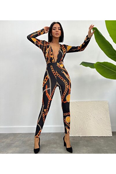 NİCE STYLE kadın kuşak detay zincir desen likralı tulum