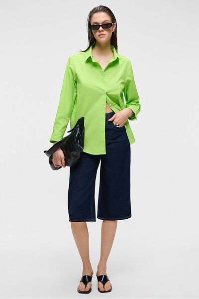 GRIMELANGE Delfino Women's Oversize 100% Organic Cotton Long Sleeve Thin Long Peanut Green Shirt