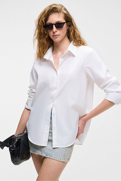 GRIMELANGE Delfino Women's Oversize 100% Organic Cotton Long Sleeve Thin Long White Shirt