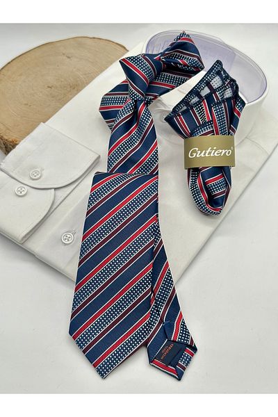 Gutiero Navy Blue Red Striped Classic Tie with Handkerchief