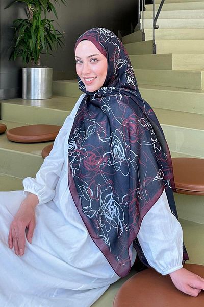 lamelif Flower Pattern Soft Shawl Black Burgundy