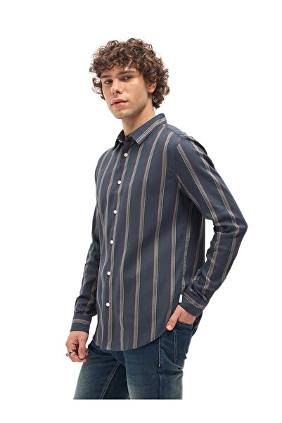 The Bear House قميص رجالي أزرق بخطوط متعددة الألوان، بقصة ضيقة، كاجوال، مناسب...