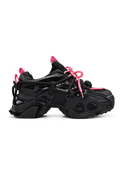 Tmall Pantofi sport pentru femei, din piele ecologică, cu inserții de paiete, D1363, negri cu roz