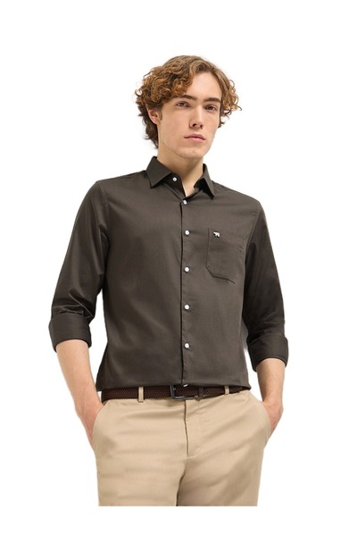 The Bear House قميص رجالي رسمي سادة مصمم خصيصًا باللون البني الداكن لكل المنا...