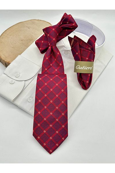 Gutiero Classic Tie with Red Plaid Handkerchief