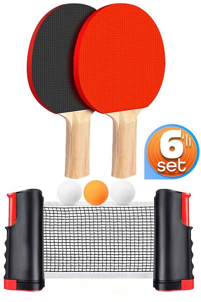 Telvesse Set of 6 Table Tennis Net Racket Ball Set Automatic Tension Ping Pong Net Compatible with All Tables