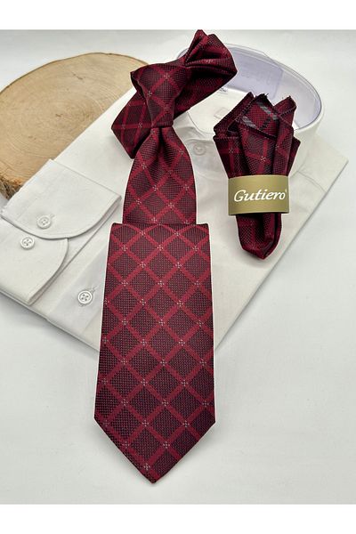 Gutiero Claret Red Plaid Classic Tie with Handkerchief