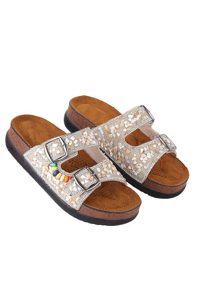 Vojo Guca Orthopedic Natural Stone Double Buckle Sea Pool Beach Daily γυναικείες παντόφλες μπεζ