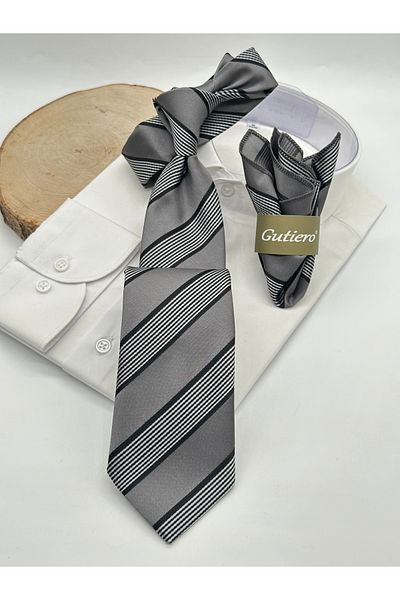 Gutiero Classic Necktie with Gray Striped Handkerchief