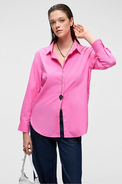GRIMELANGE Delfino Women's Oversize 100% Organic Cotton Long Sleeve Thin Long Pink Shirt