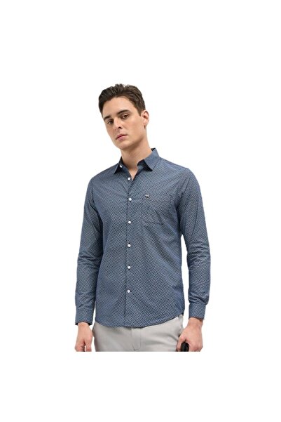 The Bear House قميص رجالي رسمي مطبوع هندسيًا باللون الأزرق، مناسب لكل المناسبات