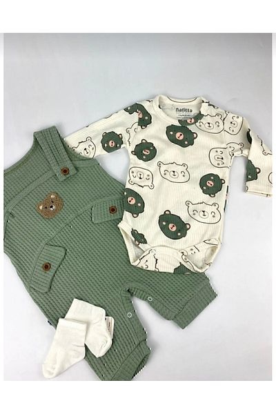 Uğur bebe Bear Patterned Baby Boy Rompers 3-Piece Rompers Set (Zıbın Rompers Socks) 3-6-9 Months Baby Outfit Green Color