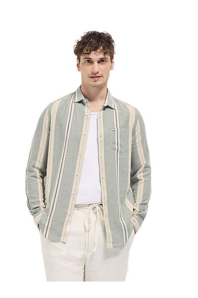 The Bear House Men's Light Green Vertical Stripes Slim Fit Casual Shirt for Every Occasion