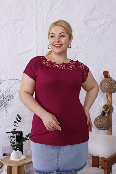 Siyezen Large Size Blouse with Lace Detail on the Shoulder