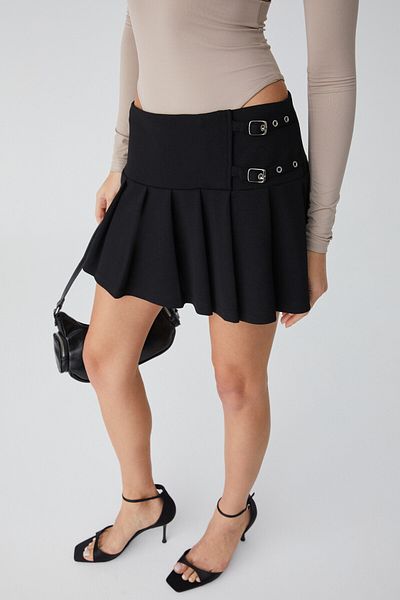 GRIMELANGE Leary Women's High Waist Interlock Belt Buckle Pleated Black Mini Skirt