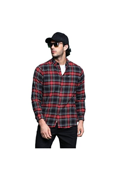 The Bear House قميص رجالي ضيق منقوش باللونين الأسود والأحمر، مناسب لكل المناسبات