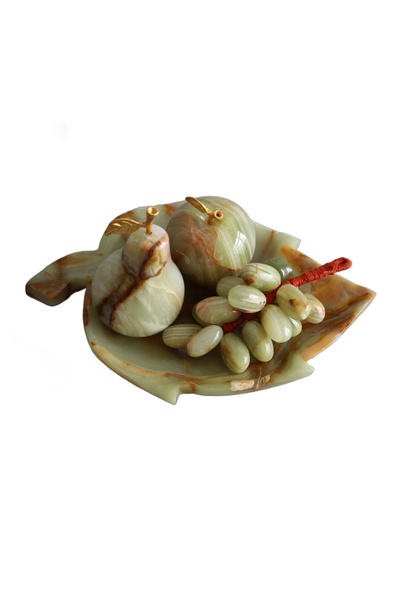 taru pasaj Doğal Oniks Taşından Yapılmış Dekoratif Meyve Seti – 8 inç Yaprak Tabak, Elma, Armut ve Üzüm Biblosu