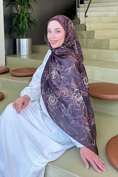 lamelif Flower Pattern Soft Shawl Bitter Brown