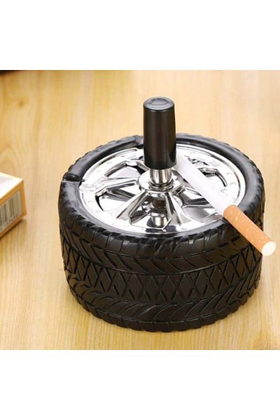 PUFO Scrumieră metalică Angry Wheel, rezistentă la vânt cu buton, 10 cm, neagră/argintie