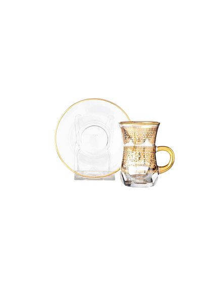 Byblos A Transparent Glass Turkish Tea Set Consisting Of 6 Cups And 6 Saucers With Golden Decor