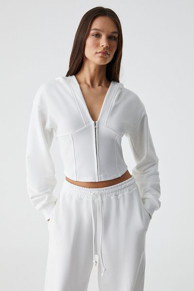 GRIMELANGE Ranmus Women's Zippered Long Sleeve Regular Ecru Sweatshirt