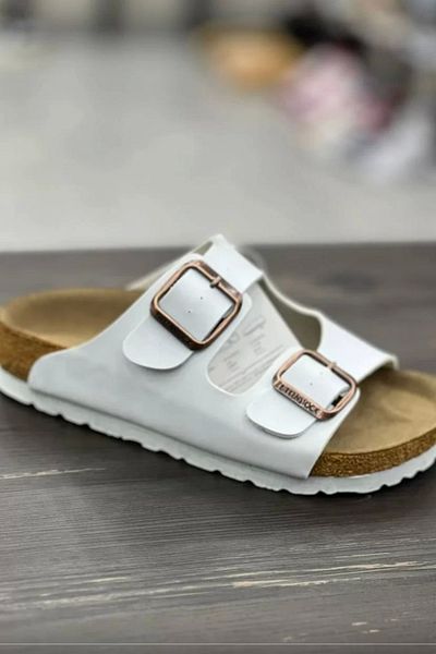 Kidmark Çocuk Modası Children's Cork Sole Leather White Slippers