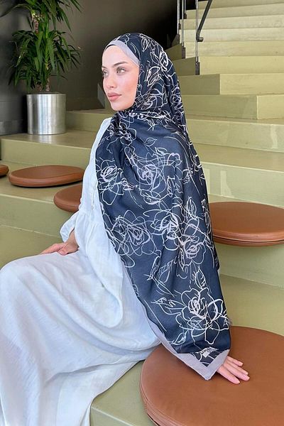 lamelif Flower Pattern Soft Shawl Black Mink