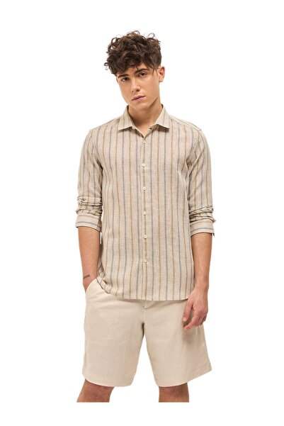The Bear House قميص رجالي مخطط باللون البيج، بقصة ضيقة، مناسب لكل المناسبات