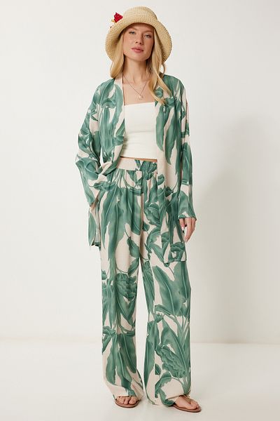 Lovelyİstanbul Patterned Summer Viscose Kimono Trouser Set Khaki Cream Lje0003