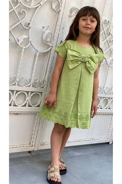 STYLENEST Girl's Crewneck Short Sleeve Bow Green Cotton Linen Dress