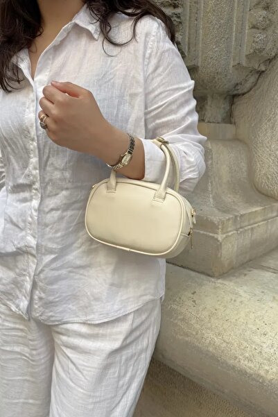 LEONAS Women's Shoulder Bag with Stitching Detail Canvas Strap Aden Cream