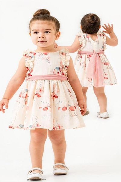 KIPIRIK BABY Girl's Ecru Floral Patterned Tulle Tutu Dress with Belt