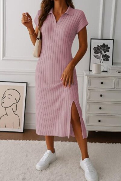 Mossta Polo Neck Slit Detailed Ribbed Dress - Pink