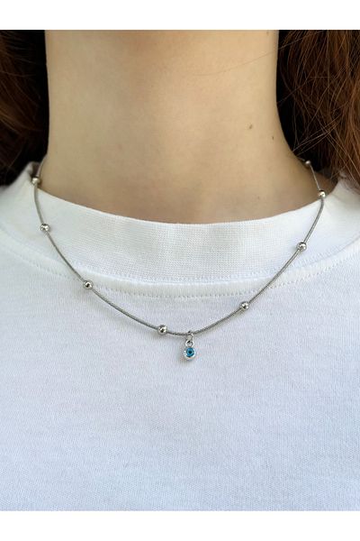 Eylülün Takısı Women's Silver Color Ball Chain Evil Eye Beaded Necklace