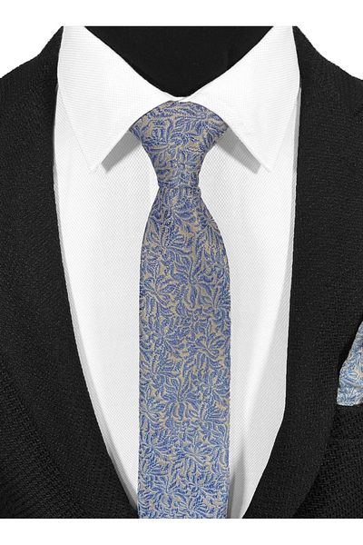 BLC Basic Line Co. “Blue in Shadow” – Grey & Indigo Patterned Tie and Pocket Square Set (7 cm)