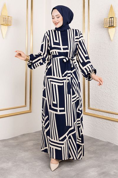 Tesettür Dünyası Φόρεμα με μοτίβο ρίγες βισκόζης TSD240943 Navy Blue