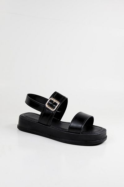NiceDiffer Women's Black Double Strap Gold Buckle Detailed Daily Sandals