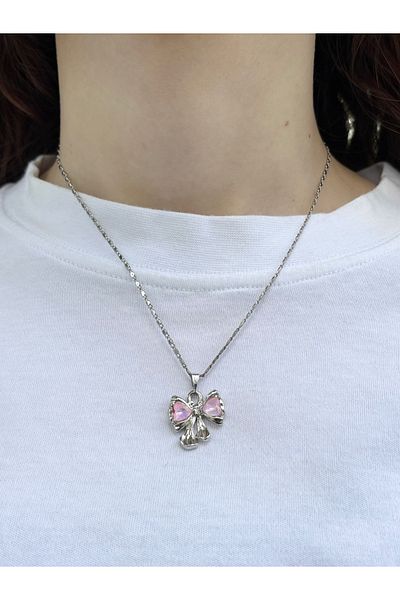 Eylülün Takısı Women's Silver Color Pink Stone Bow Necklace