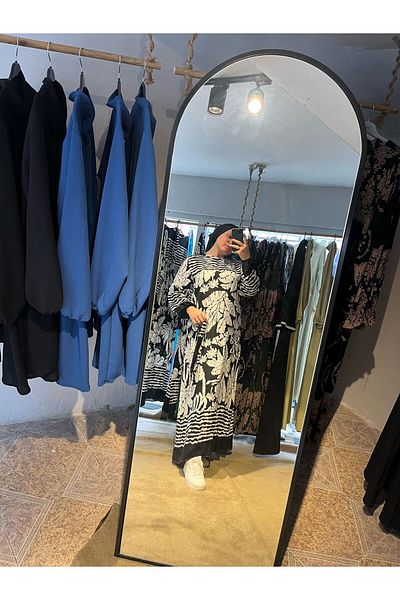 Kumaş sever Black White Big Leaf Patterned Hijab Dress Viscose Fabric Cotton