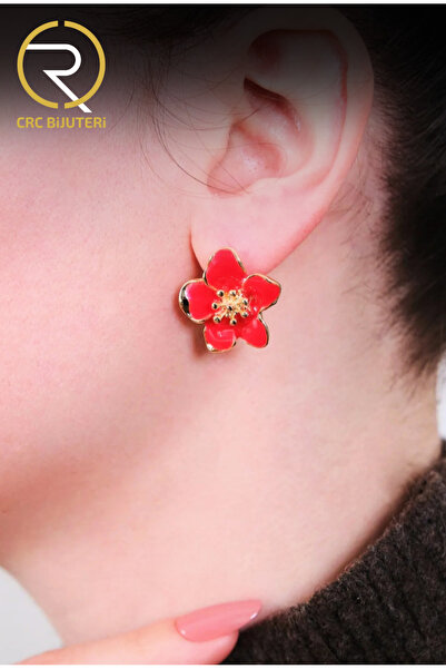 Crc Bijuteri Women's Red Enamel Sakura Flower Earrings