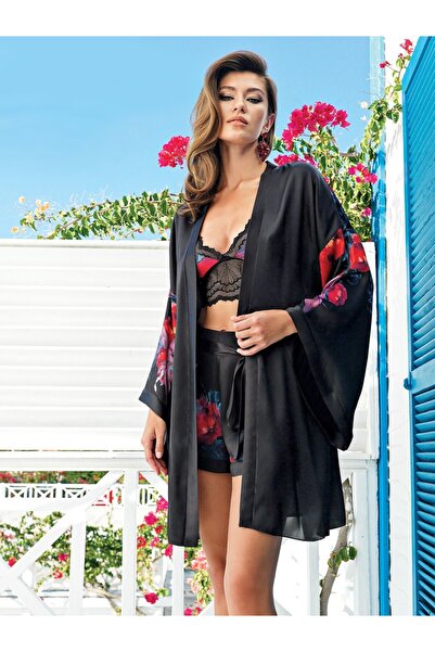 perin lingerie Perin Kadın Siyah Çiçek Desenli Saten Gecelik&Sabahlık ve Büstiyerli&Şort 4'lü Takım5104