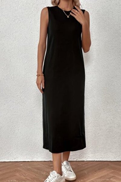 Mossta Sleeveless Basic Midi Viscose Dress -Black