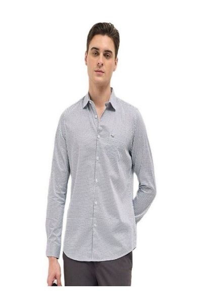 The Bear House Men's White with Blue Geometric Printed Tailored Fit Formal Shirt for Every Occasion