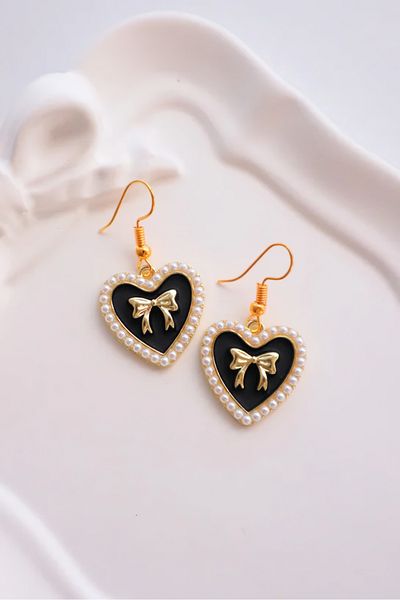 EFBUTİK Gold Black Pearl Heart Bow Imported Earrings