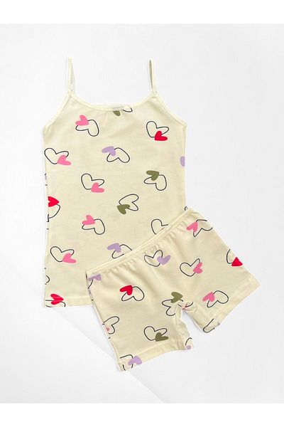 elmas kids Girl's 100% Cotton Ecru Color Heart Patterned Thin Strap Tank Top Boxer Set