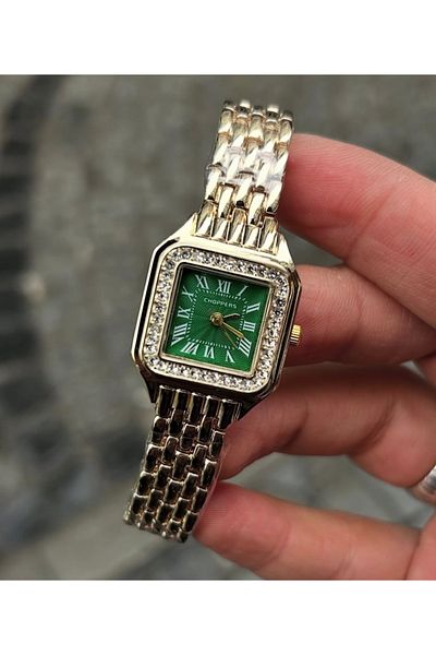 Choppers Emerald Green Luxury Dial with Stones Classic and Stylish Gold Color Rectangle Case Women Wristwatch